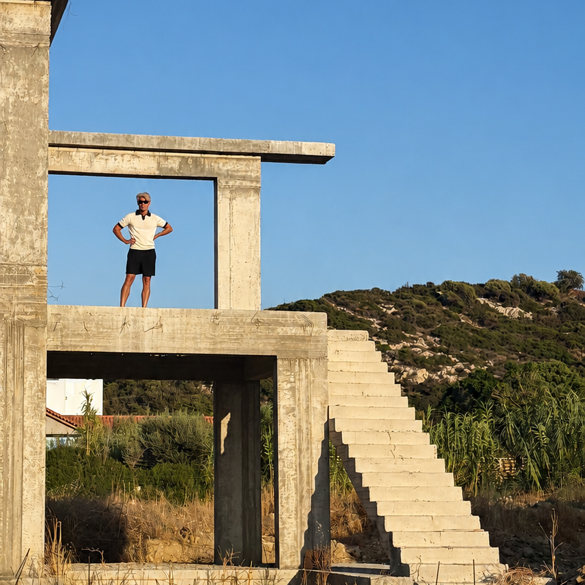 Calle Stenqvist standing in the frame of an unfinished concrete structure